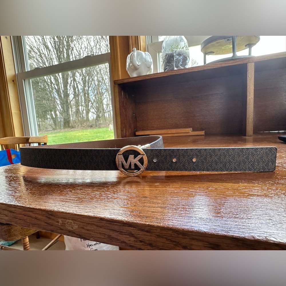 Michael Kors Black Monogram Belt with Gold MK Buckle